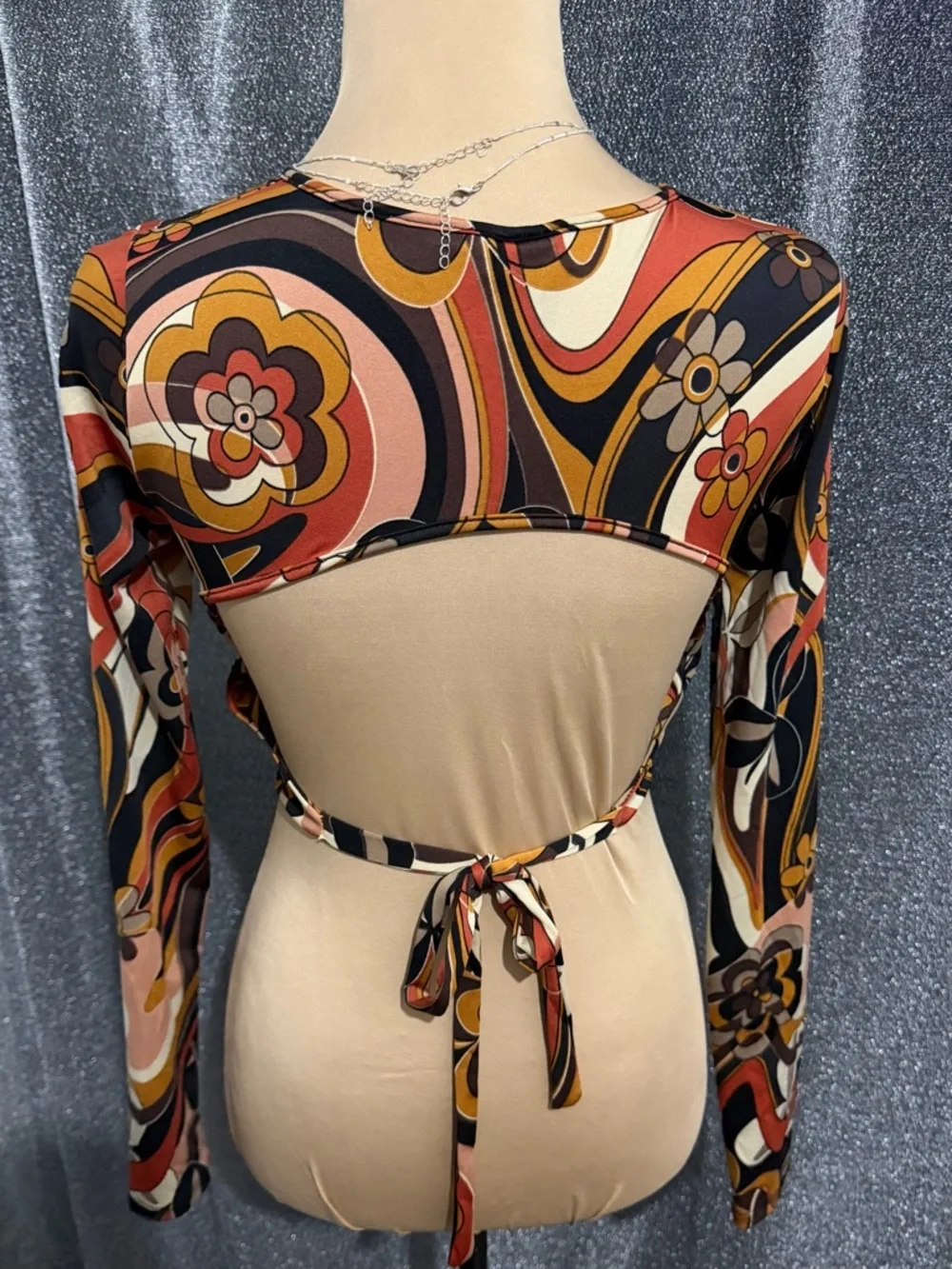 Rue21 Retro Floral Twist-Front Crop Top in Black, Brown, Cream, Yellow, Orange - Picture 2 of 3